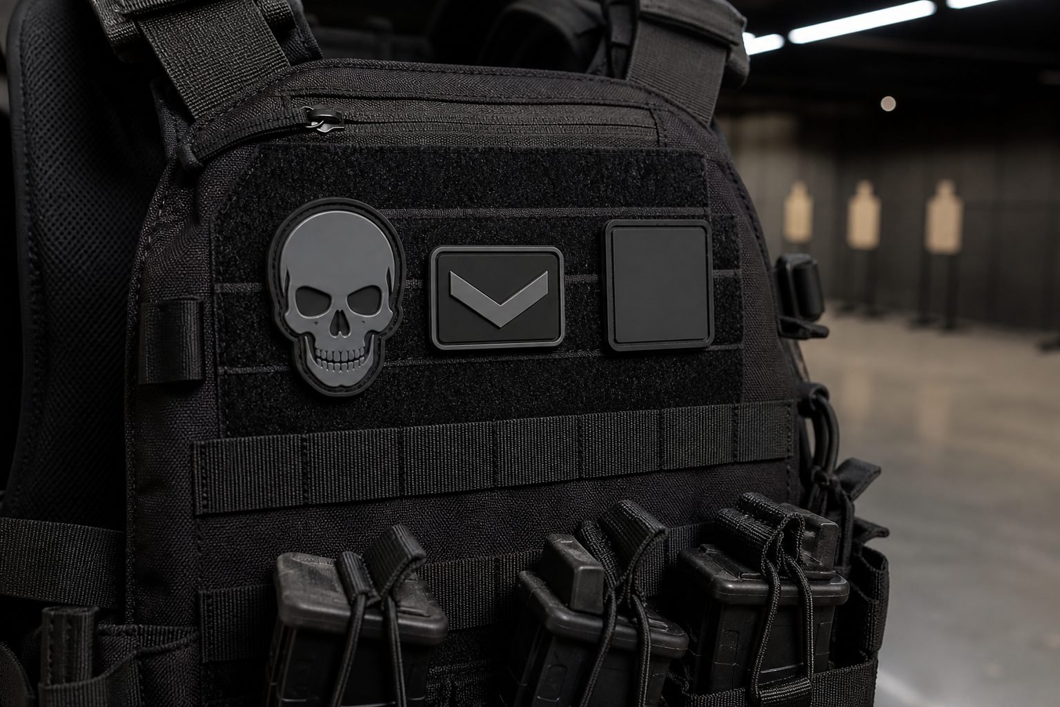 Subdued PVC morale patches on a tactical vest loop panel