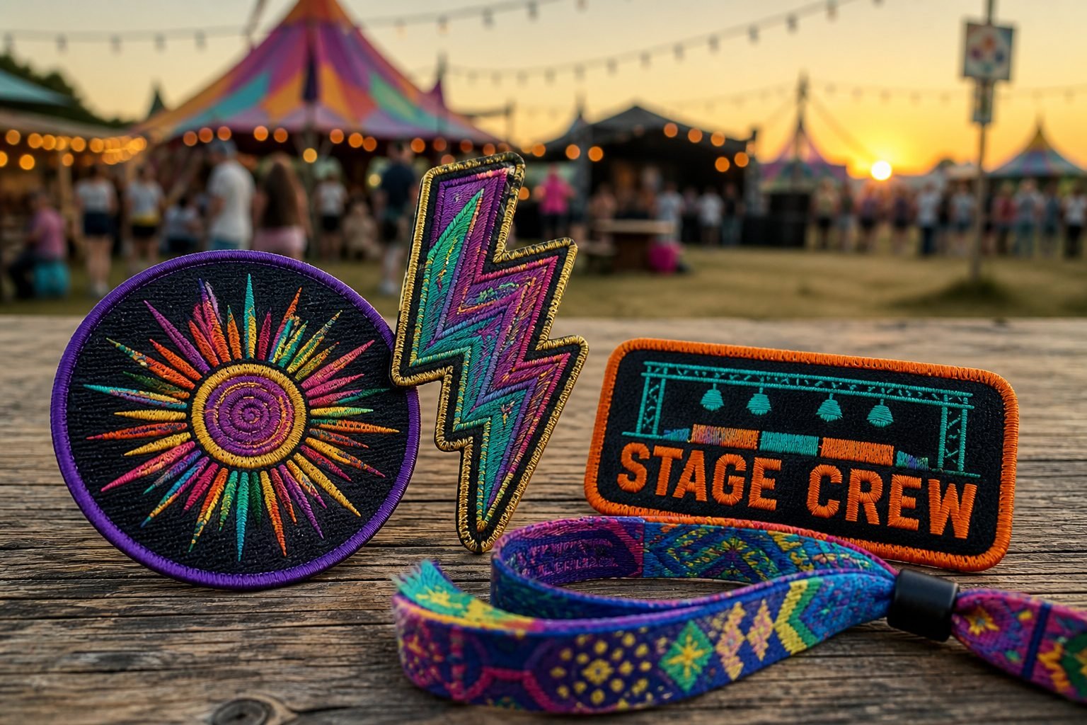 Colorful festival merch patches and staff badges laid out on a table