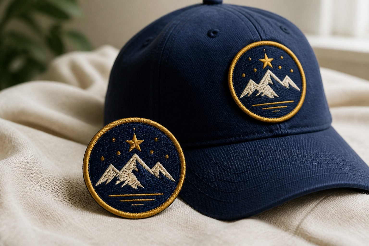 Navy baseball cap beside a 2.5-inch merrowed embroidered hat patch on cream linen