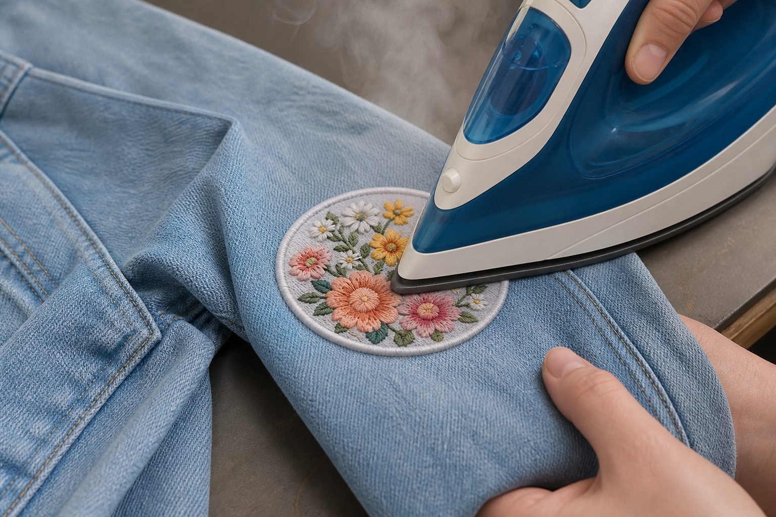Heat-press iron-on embroidered patch being applied to a cotton jacket