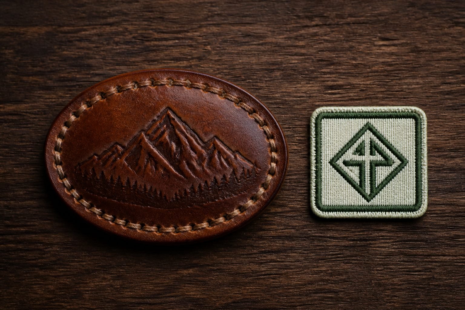 Stamped leather hat badge beside a fine-detail woven clothing label