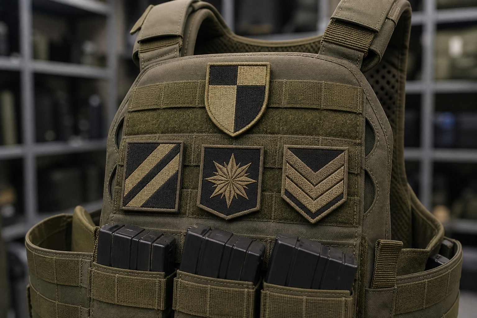 Subdued olive tactical patches on a military-style vest