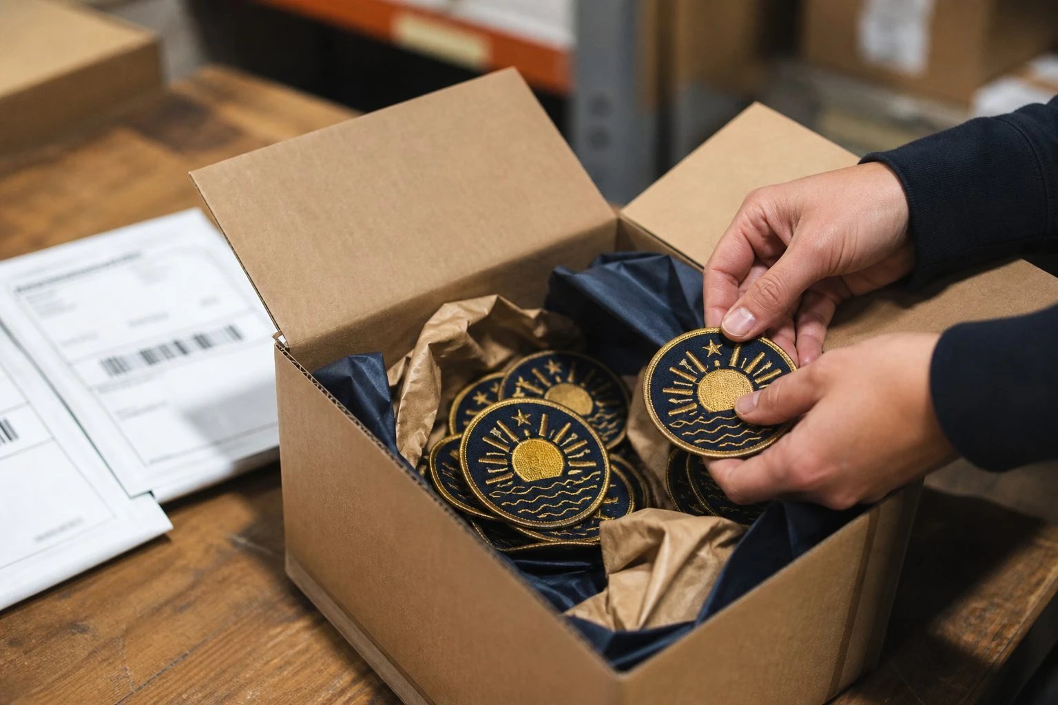 Custom embroidered patches being packed for USA-wide shipping