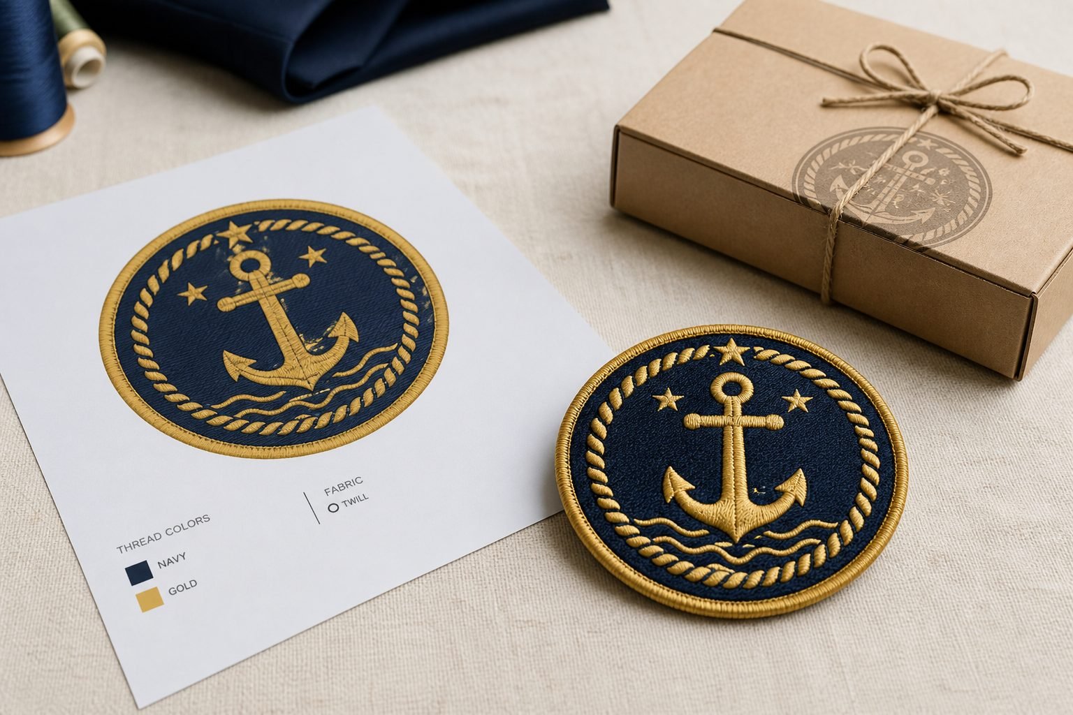 Digital patch mockup sheet beside a finished embroidered sample and a kraft shipping box