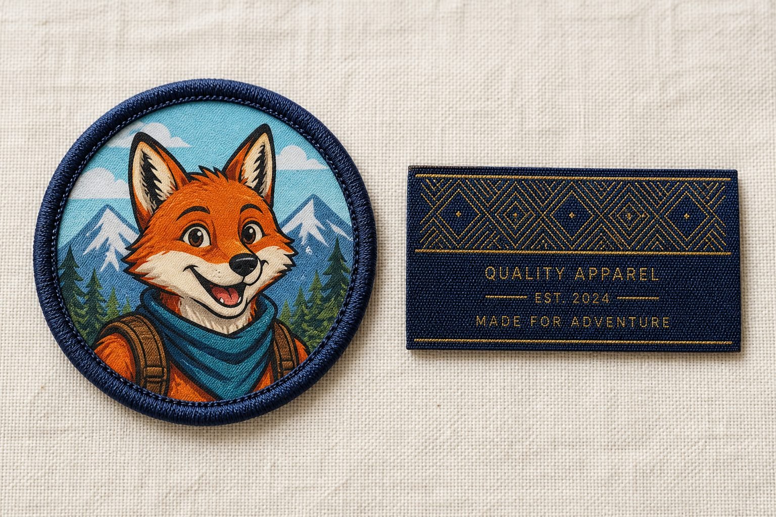 Full-color printed crest patch beside a fine-detail woven clothing label on cream linen