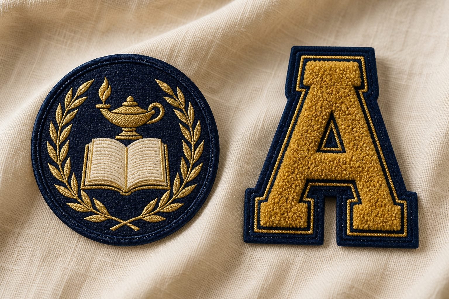 Embroidered school-style crest patch beside a gold chenille varsity letter on cream linen