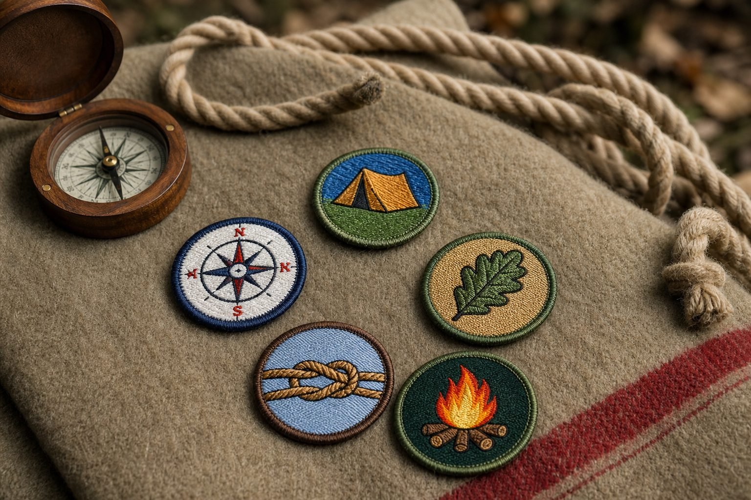 Colorful embroidered youth-group badges laid out on a camp blanket