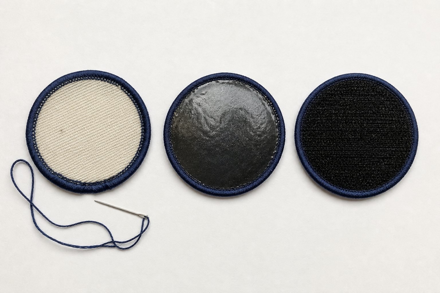Three custom patches showing sew-on, iron-on, and Velcro hook backs