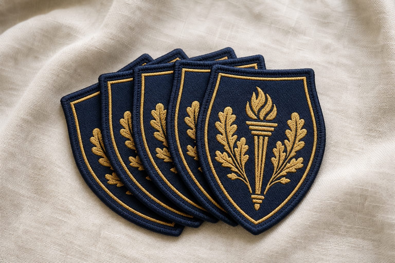 A small fan of five matching embroidered shield patches on cream linen